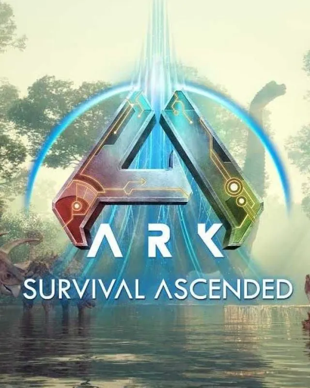 方舟：生存飞升 ARK: Survival Ascended 官方风格游戏宣传封面，素材来自用户提供的参考网页存档