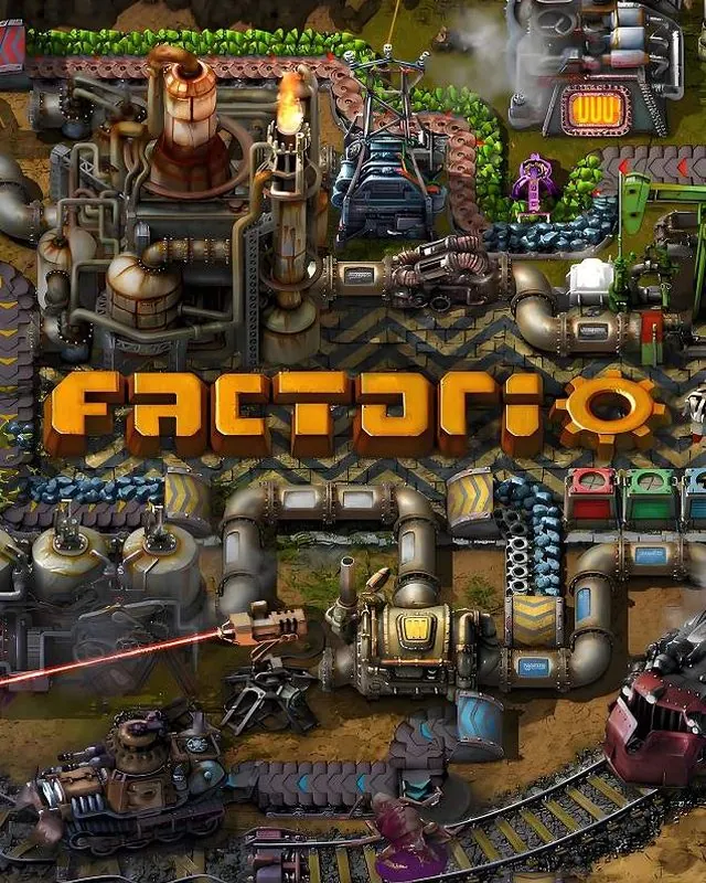 异星工厂 Factorio 官方风格游戏宣传封面，素材来自用户提供的参考网页存档