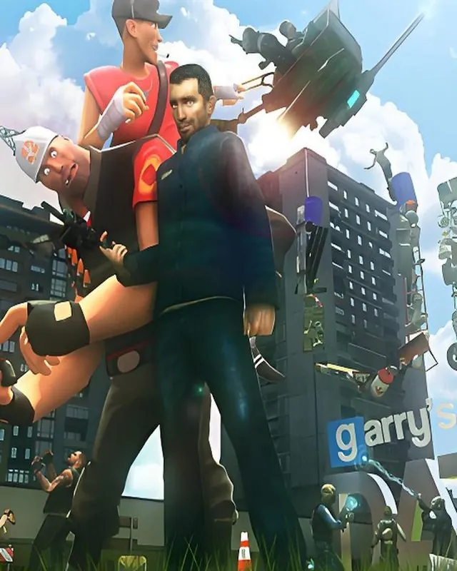 盖瑞模组 Garry's Mod 官方风格游戏宣传封面，素材来自用户提供的参考网页存档