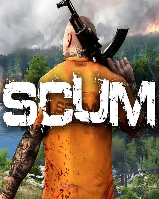 人渣 SCUM 官方风格游戏宣传封面，素材来自用户提供的参考网页存档