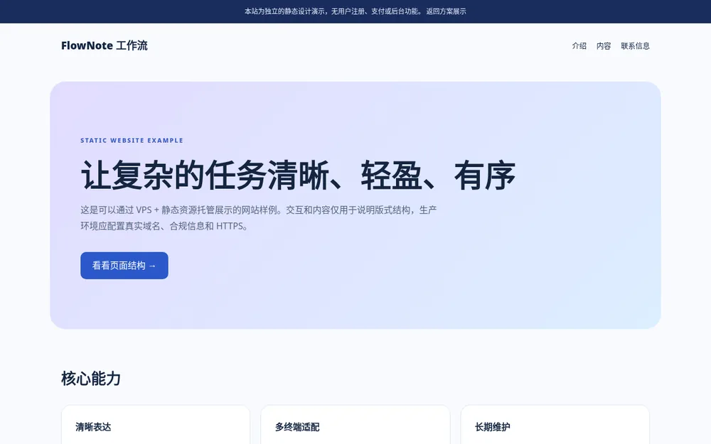 本站实际可打开的产品落地页静态演示截图